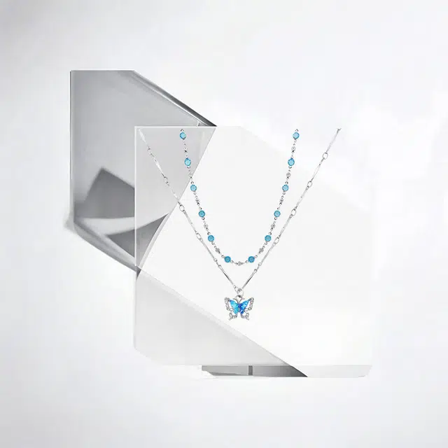 清脆小溪 夏日双层海蓝蝴蝶 轻奢时尚森系清新甜美高颜值浪漫小众设计精致时髦气质百搭#好运 合金 项链 女款