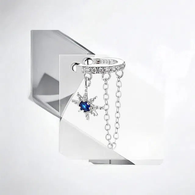 清脆小溪 双层链条克莱因蓝耳饰 小众独特设计 超酷街头风 水滴米字锆石嘻哈感 酷炫百搭 合金 耳夹 男款