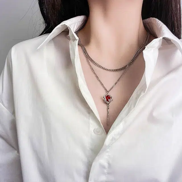 清脆小溪 暗黑玫瑰 顶针小众设计高级感双层叠戴轻奢锁骨链嘻哈街头潮流美式设计感甜酷高街 锆石 项链 男女同款情侣款