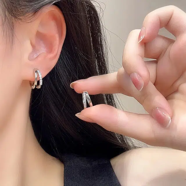 清脆小溪 超闪双圈耳饰圆形多层简约高级感几何小众时尚轻奢风痞帅百搭 合金 耳环 男女同款情侣款