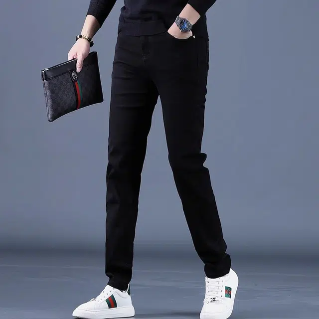特斯型 秋季高端男刺绣黑色修身小直筒裤弹力百搭休闲男士长裤潮牌牛仔裤 男款