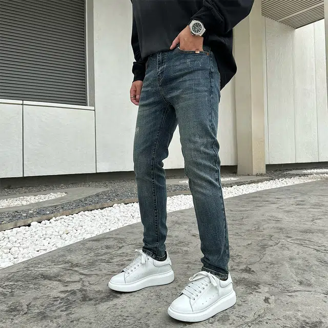 特斯型 高端秋冬水洗复古蓝百搭修身小脚裤弹力长裤 男款