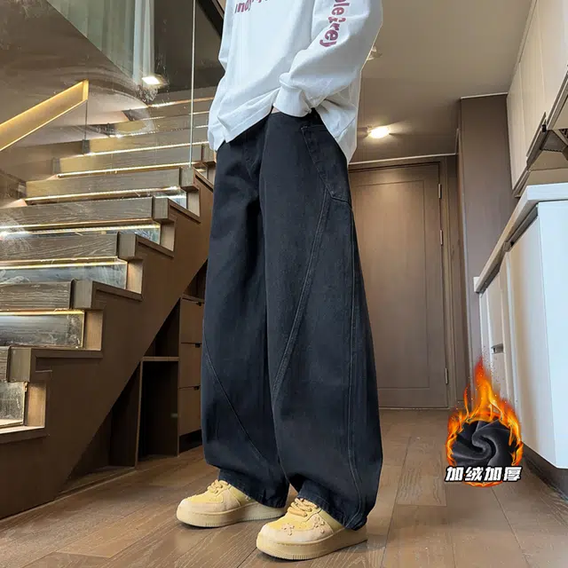 特斯型 阔腿牛仔裤男秋冬青少年潮牌痞帅美式裤子男宽松只有水洗弯刀长裤 男款