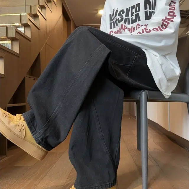 特斯型 阔腿牛仔裤男秋冬青少年潮牌痞帅美式裤子男宽松只有水洗弯刀长裤 男款