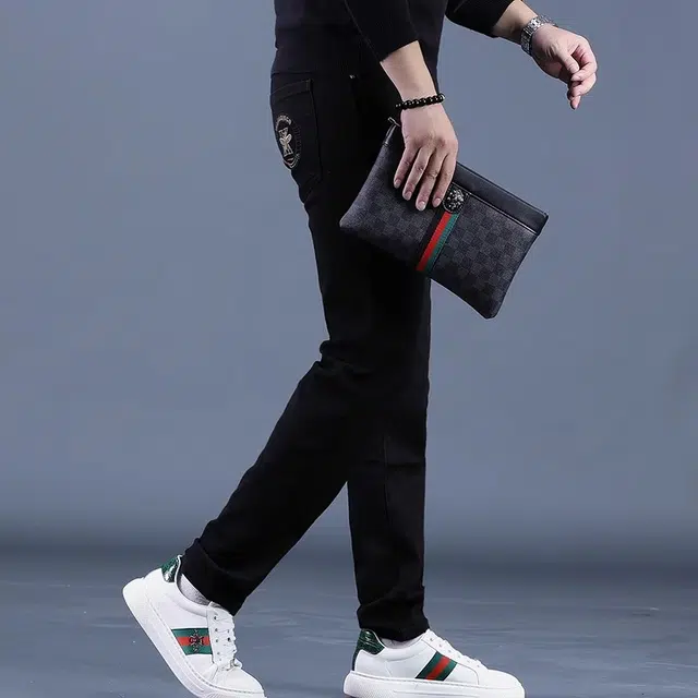 特斯型 秋季高端男刺绣黑色修身小直筒裤弹力百搭休闲男士长裤潮牌牛仔裤 男款