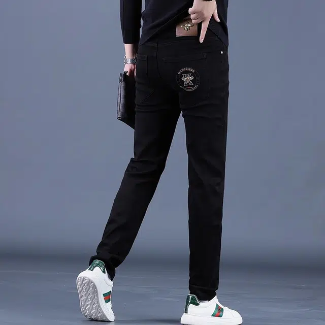 特斯型 秋季高端男刺绣黑色修身小直筒裤弹力百搭休闲男士长裤潮牌牛仔裤 男款