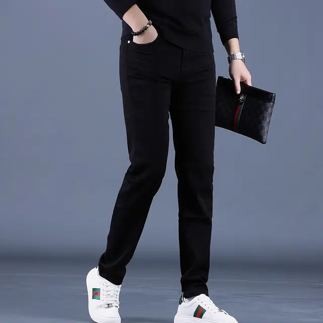 特斯型 秋季高端男刺绣黑色修身小直筒裤弹力百搭休闲男士长裤潮牌牛仔裤 男款
