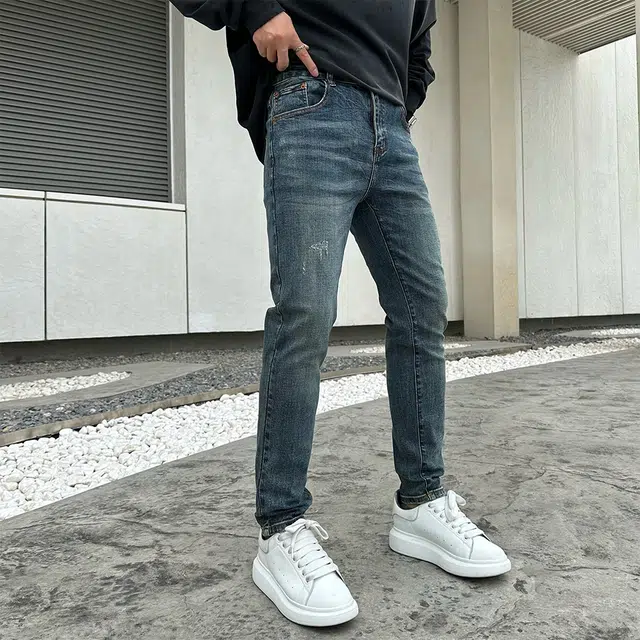 特斯型 高端秋冬水洗复古蓝百搭修身小脚裤弹力长裤 男款