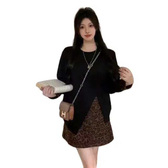 望莱仕 大码女时尚不规则豹纹拼接上衣半身裙裙装套装 女款