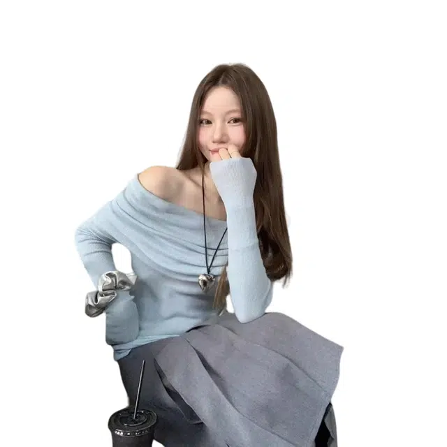 望莱仕 纯欲风一字肩长袖女秋冬季设计感温柔蓝色修身露肩上衣针织衫 女款