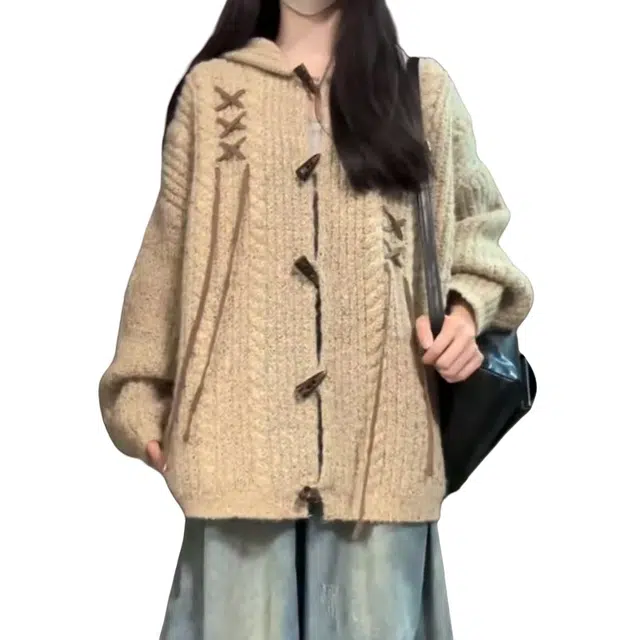 望莱仕 美式复古兔耳朵牛角扣连帽开衫女秋冬宽松慵懒风外套上衣针织衫 女款