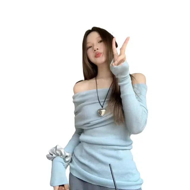 望莱仕 纯欲风一字肩长袖女秋冬季设计感温柔蓝色修身露肩上衣针织衫 女款
