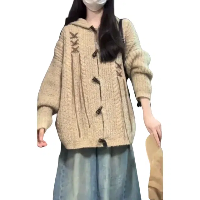 望莱仕 美式复古兔耳朵牛角扣连帽开衫女秋冬宽松慵懒风外套上衣针织衫 女款