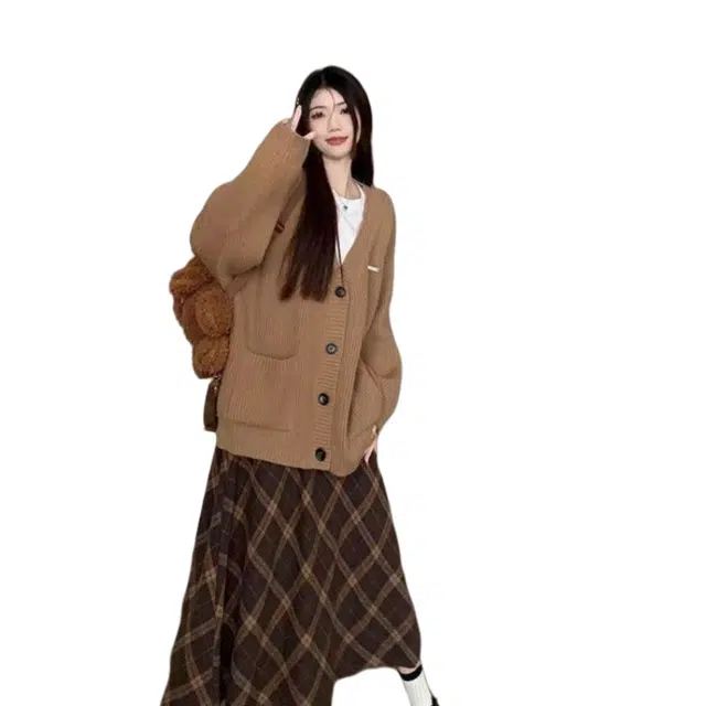 望莱仕 美拉德穿搭秋季慵懒风女针织毛衣开衫格纹裙半身裙长裙两件套裙装套装 女款