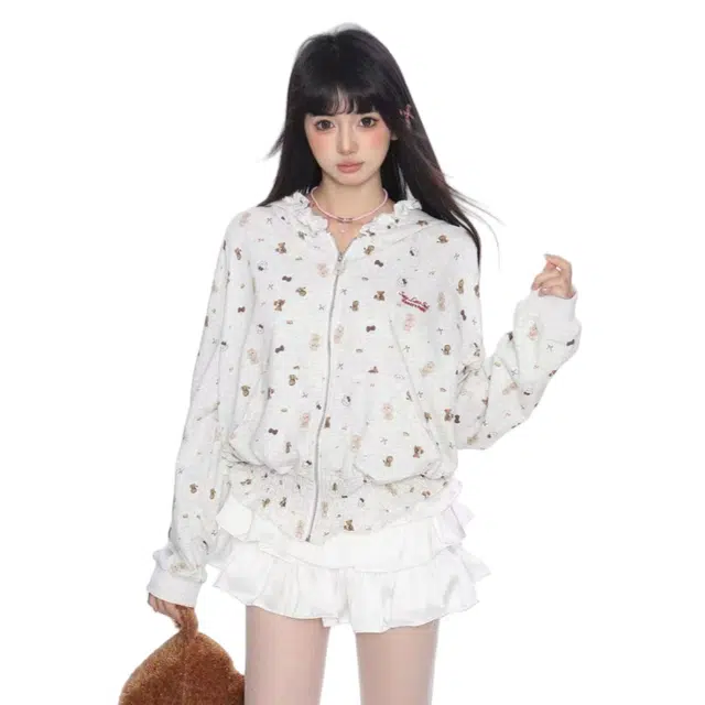 望莱仕 美式复古卡通满印褶皱连帽女秋季显瘦短款外套卫衣 女款