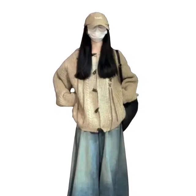 望莱仕 美式复古兔耳朵牛角扣连帽开衫女秋冬宽松慵懒风外套上衣针织衫 女款