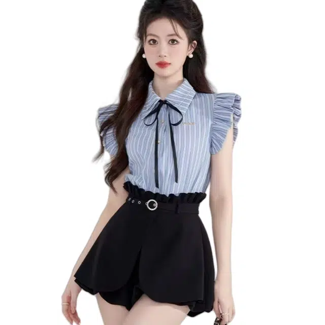 望莱仕 学院风休闲时尚夏季高级感甜美小个子条纹衬衫短裤两件套裙装套装 女款