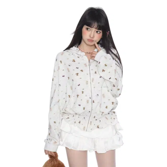 望莱仕 美式复古卡通满印褶皱连帽女秋季显瘦短款外套卫衣 女款