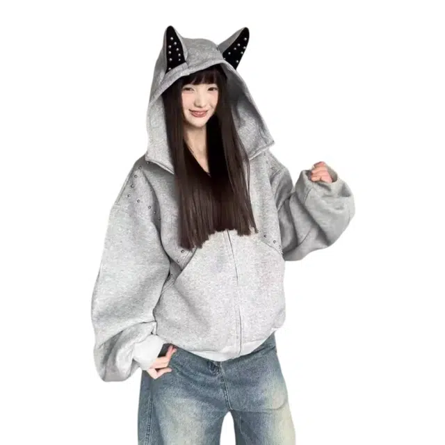 望莱仕 美式犬耳朵设计连帽女秋季钉珠宽松铆钉拼接开衫外套卫衣 女款