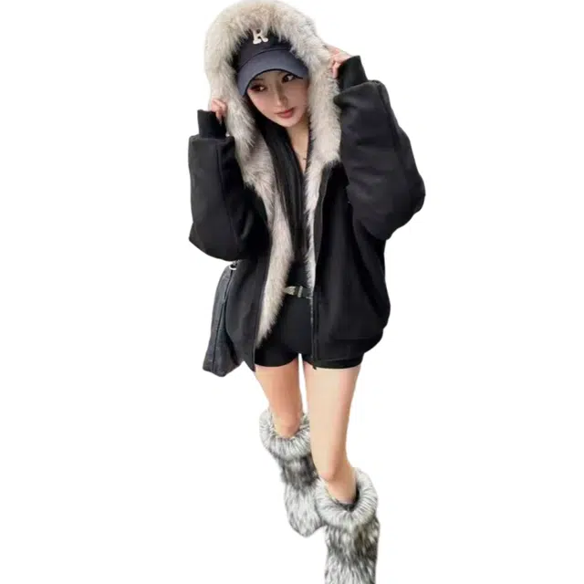望莱仕 合身适中连帽长袖绒感外套 女款