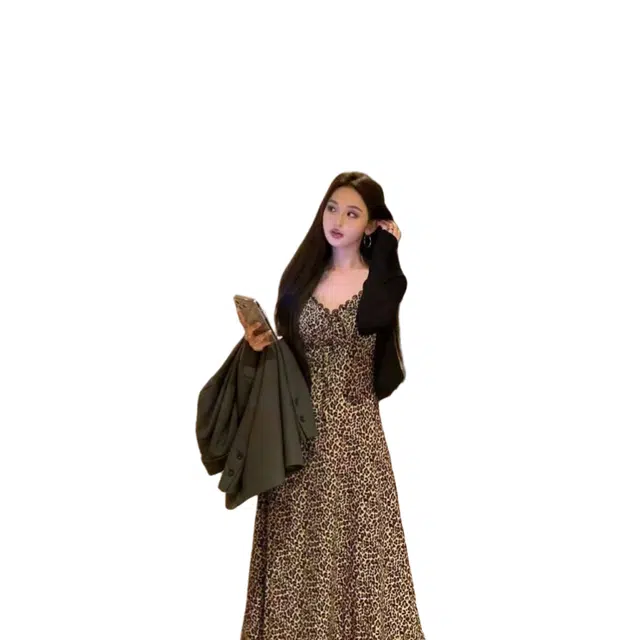 望莱仕 复古豹纹吊带连衣裙女秋季气质修身长裙设计感收腰显瘦裙子裙装套装 女款