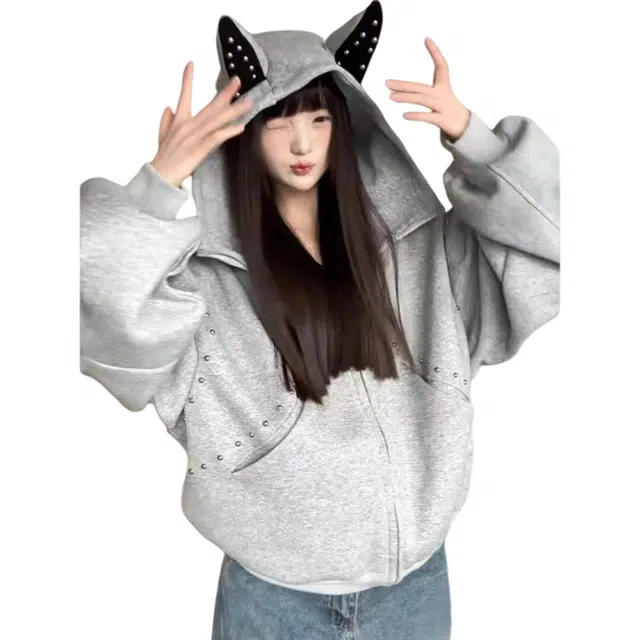 望莱仕 美式犬耳朵设计连帽女秋季钉珠宽松铆钉拼接开衫外套卫衣 女款