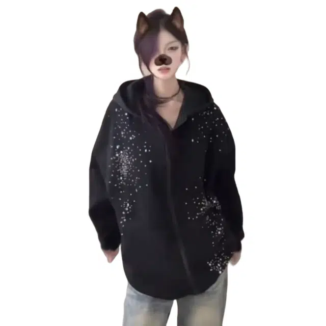 望莱仕 重磅高颜值设计感小众开衫帽衫外套加绒加厚重工美式满天星卫衣 女款