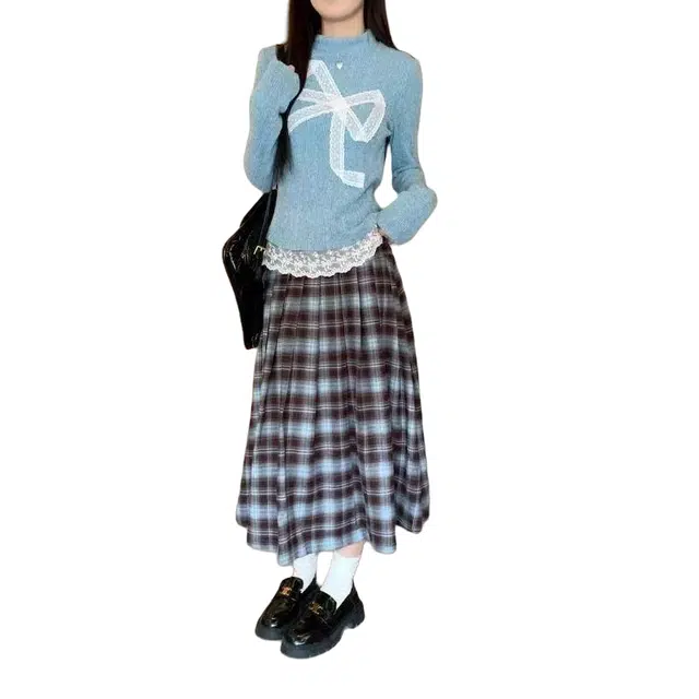 望莱仕 甜美风女减龄蕾丝蝴蝶结针织衫上衣春秋格子半身裙两件套裙装套装 女款