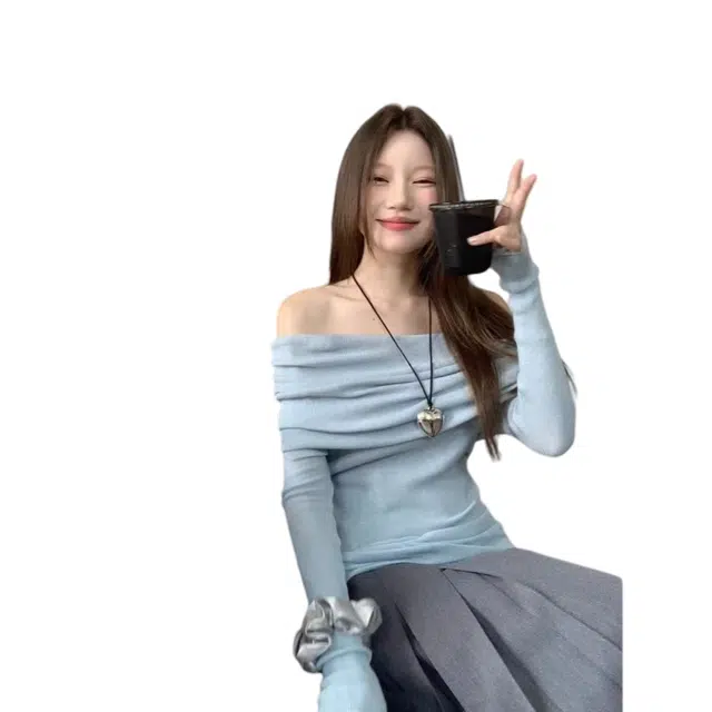 望莱仕 纯欲风一字肩长袖女秋冬季设计感温柔蓝色修身露肩上衣针织衫 女款