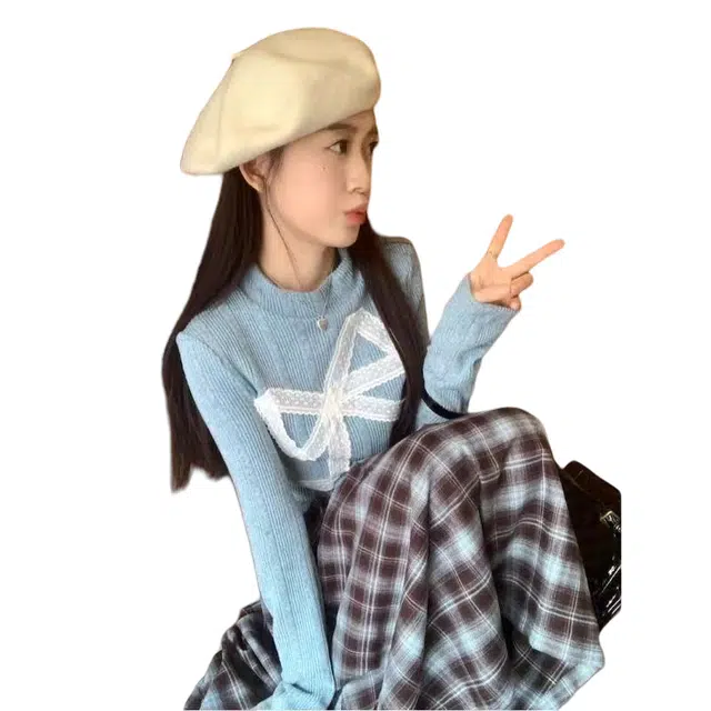 望莱仕 甜美风女减龄蕾丝蝴蝶结针织衫上衣春秋格子半身裙两件套裙装套装 女款