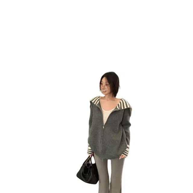 望莱仕 撞色条纹海军领长袖外套女冬季复古慵懒开衫宽松拉链上衣针织衫 女款