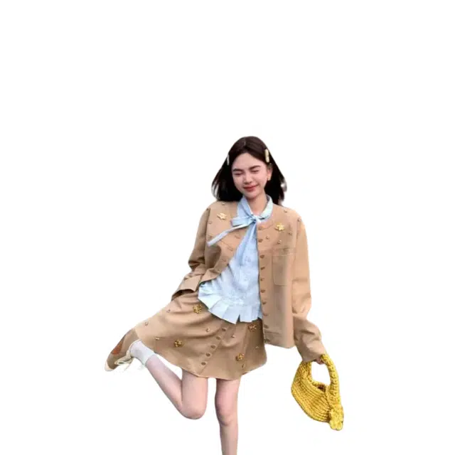 望莱仕 韩系千金风钉珠长袖夹克外套蝴蝶结衬衫上衣短裙三件套 裙装套装 女款