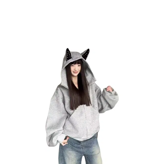 望莱仕 美式犬耳朵设计连帽女秋季钉珠宽松铆钉拼接开衫外套卫衣 女款