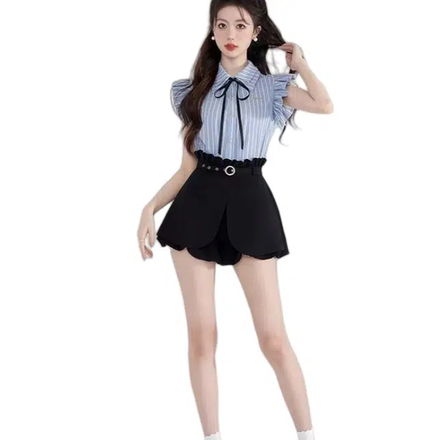 望莱仕 学院风休闲时尚夏季高级感甜美小个子条纹衬衫短裤两件套裙装套装 女款