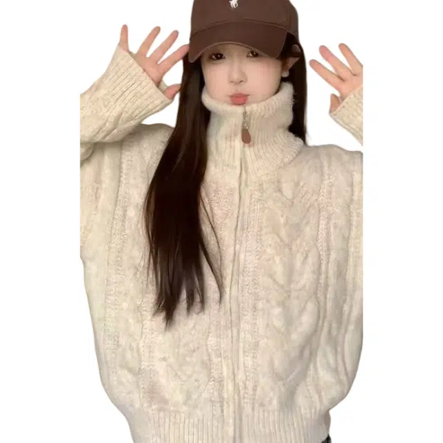 望莱仕 蕾朵高领麻花拉链开衫秋冬季加厚慵懒风外套针织衫 女款
