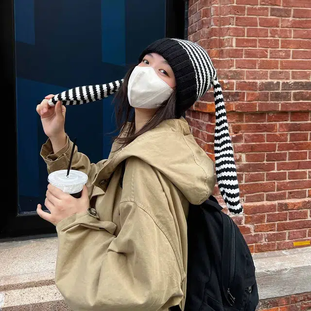 ZANC Cute Striped Bunny Ear Beanie