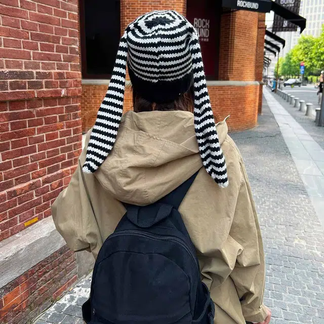 ZANC Cute Striped Bunny Ear Beanie