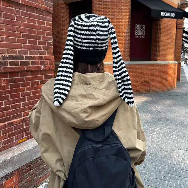 ZANC Cute Striped Bunny Ear Beanie