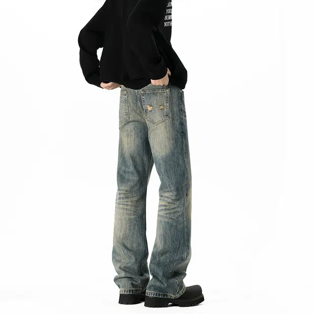 金贝勒 美式复古水洗纯色百搭显高显瘦垂感长裤牛仔裤 男女同款