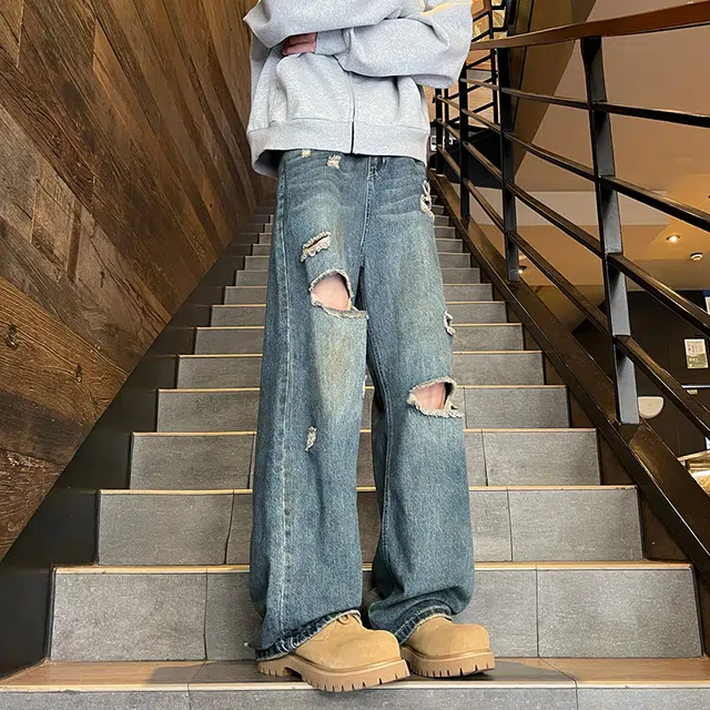 金贝勒 美式高街潮牌复古水洗做旧解构破洞毛边拼接设计透气亲肤凉感街头痞帅潮流舒适百搭宽松休闲垂感拖地牛仔裤 男女同款