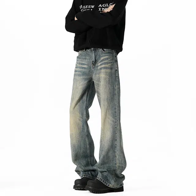 金贝勒 美式复古水洗纯色百搭显高显瘦垂感长裤牛仔裤 男女同款