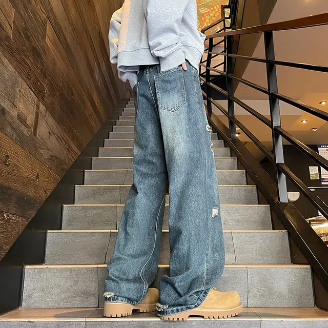 金贝勒 美式高街潮牌复古水洗做旧解构破洞毛边拼接设计透气亲肤凉感街头痞帅潮流舒适百搭宽松休闲垂感拖地牛仔裤 男女同款