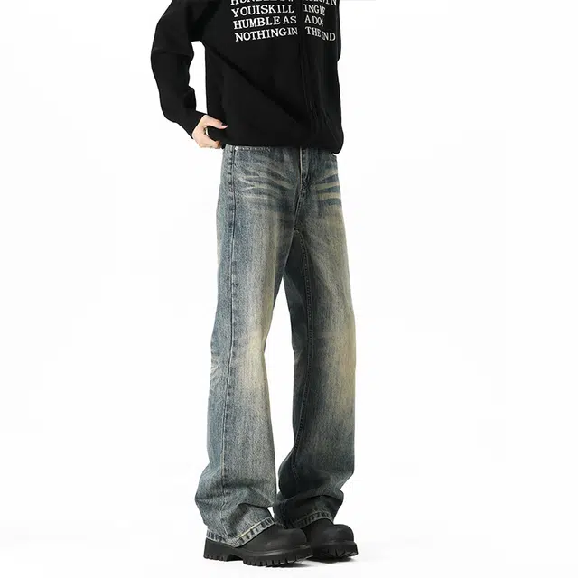 金贝勒 美式复古水洗纯色百搭显高显瘦垂感长裤牛仔裤 男女同款
