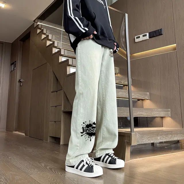 金贝勒 简约美式高街做旧水洗舒适中腰直筒拉链宽松牛仔裤 男女同款