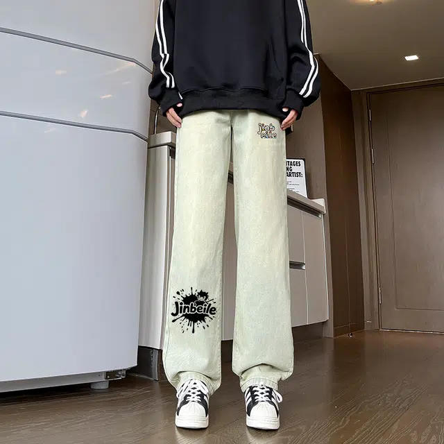 金贝勒 简约美式高街做旧水洗舒适中腰直筒拉链宽松牛仔裤 男女同款