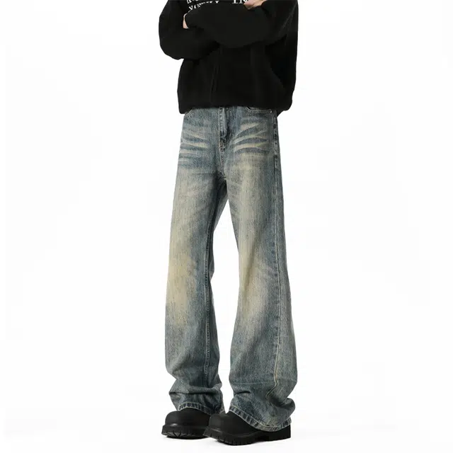 金贝勒 美式复古水洗纯色百搭显高显瘦垂感长裤牛仔裤 男女同款
