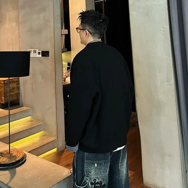 悍戈 春秋季纯色高级感针织开衫外套与假两件复古格子毛衣夹克 男女同款