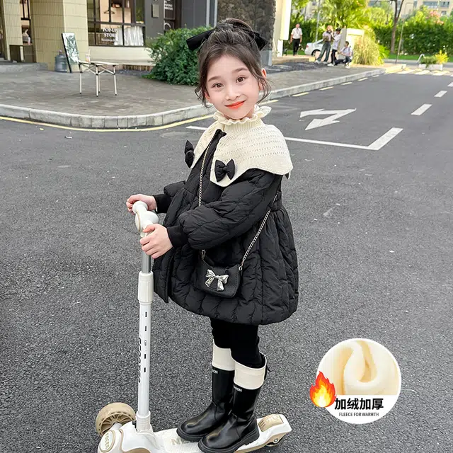 帕兰朵棉衣 女童蝴蝶结加绒棉服冬款儿童韩版外套女宝宝保暖 中小童