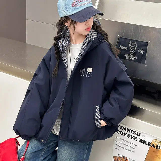 帕兰朵儿童上装 女童时尚潮流休闲冬季外套女孩儿藏青小熊拼色夹棉连帽上衣中大童百搭立领美式 儿童款