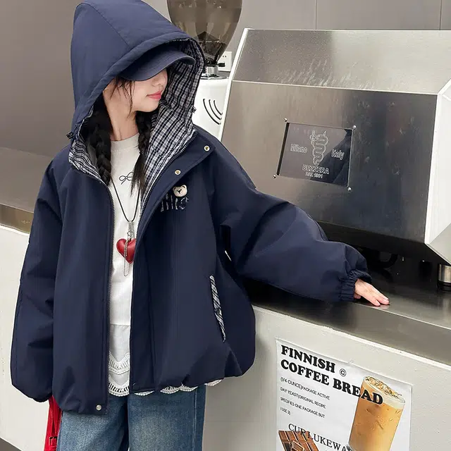 帕兰朵儿童上装 女童时尚潮流休闲冬季外套女孩儿藏青小熊拼色夹棉连帽上衣中大童百搭立领美式 儿童款